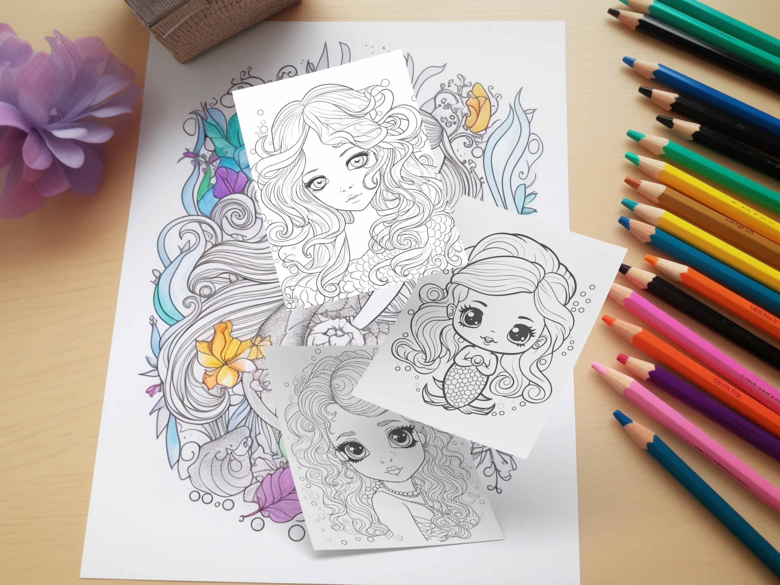 Kawaii Mermaid Coloring Printable Coloring Pages &amp; Outlines for Kids ...