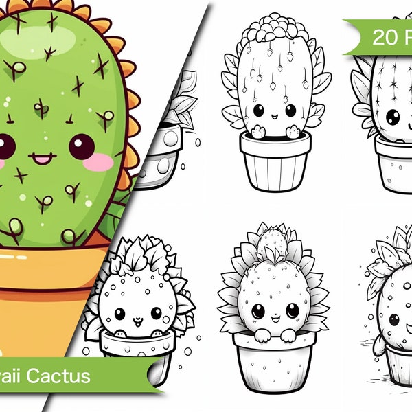 Kawaii Cactus Coloring Book - Adorable and Whimsical Illustrations for All Ages - Instant Download Printable Kawaii Coloring Pages