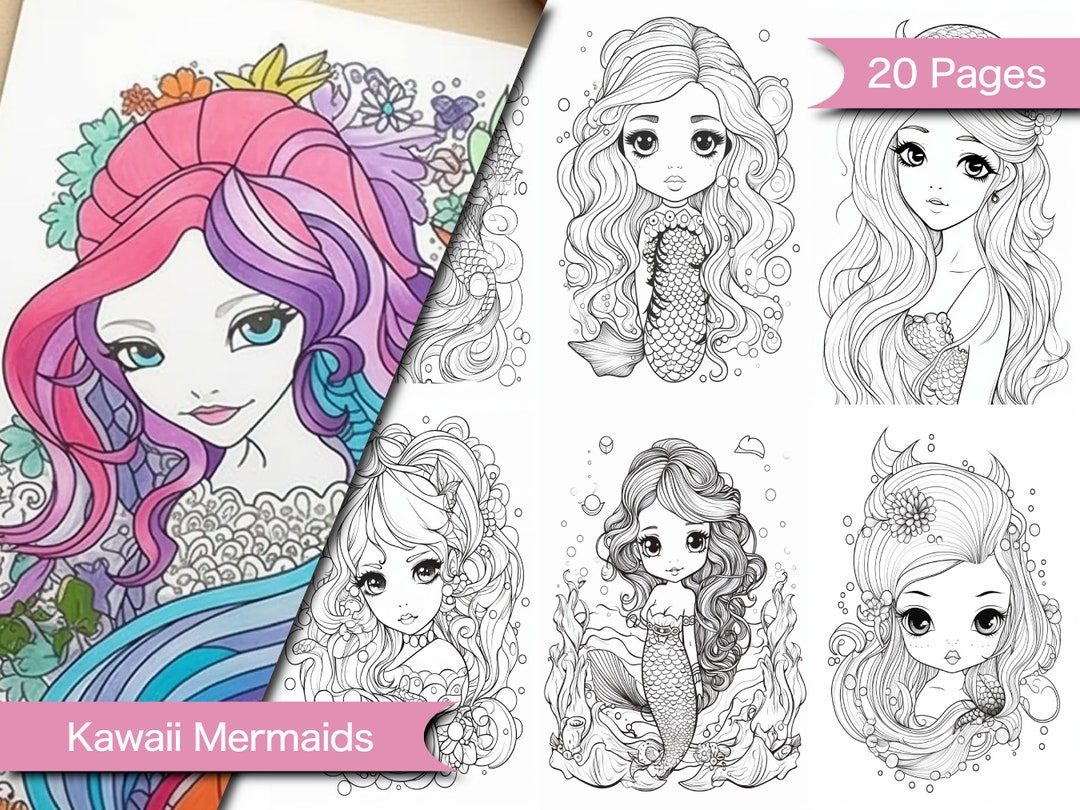 Kawaii Mermaid Coloring Printable Coloring Pages &amp; Outlines for Kids ...