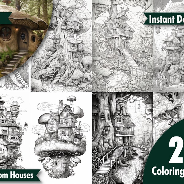 Mushroom House Coloring Book for Kids and Adults. Enjoy the art of coloring with adorable mushroom house pages instant download