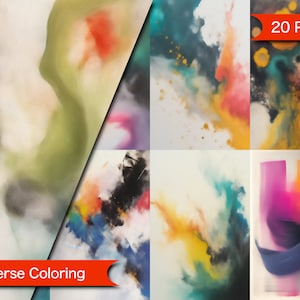 Könnte beinhalten: Ein Set mit 20 Seiten zum Umkehren des Ausmalens mit abstrakten Aquarellmalereien in verschiedenen Farben, darunter Blau, Grün, Gelb, Orange, Rosa und Lila. Die Seiten sind perfekt für Erwachsene und Kinder, die kreative Aktivitäten genießen.
