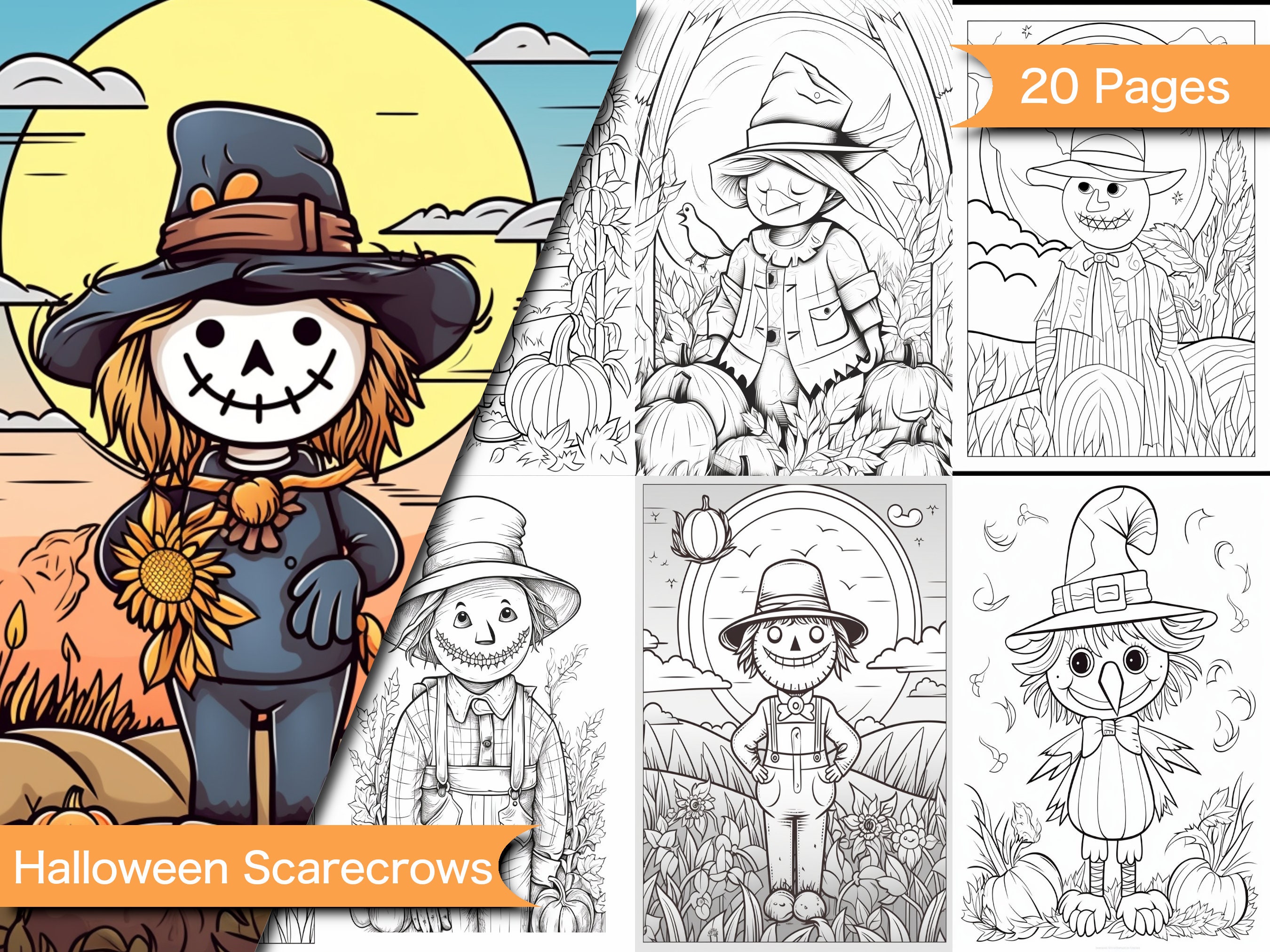 Scarecrow Coloring Pages Kids and Adults Spooky Designs - Etsy