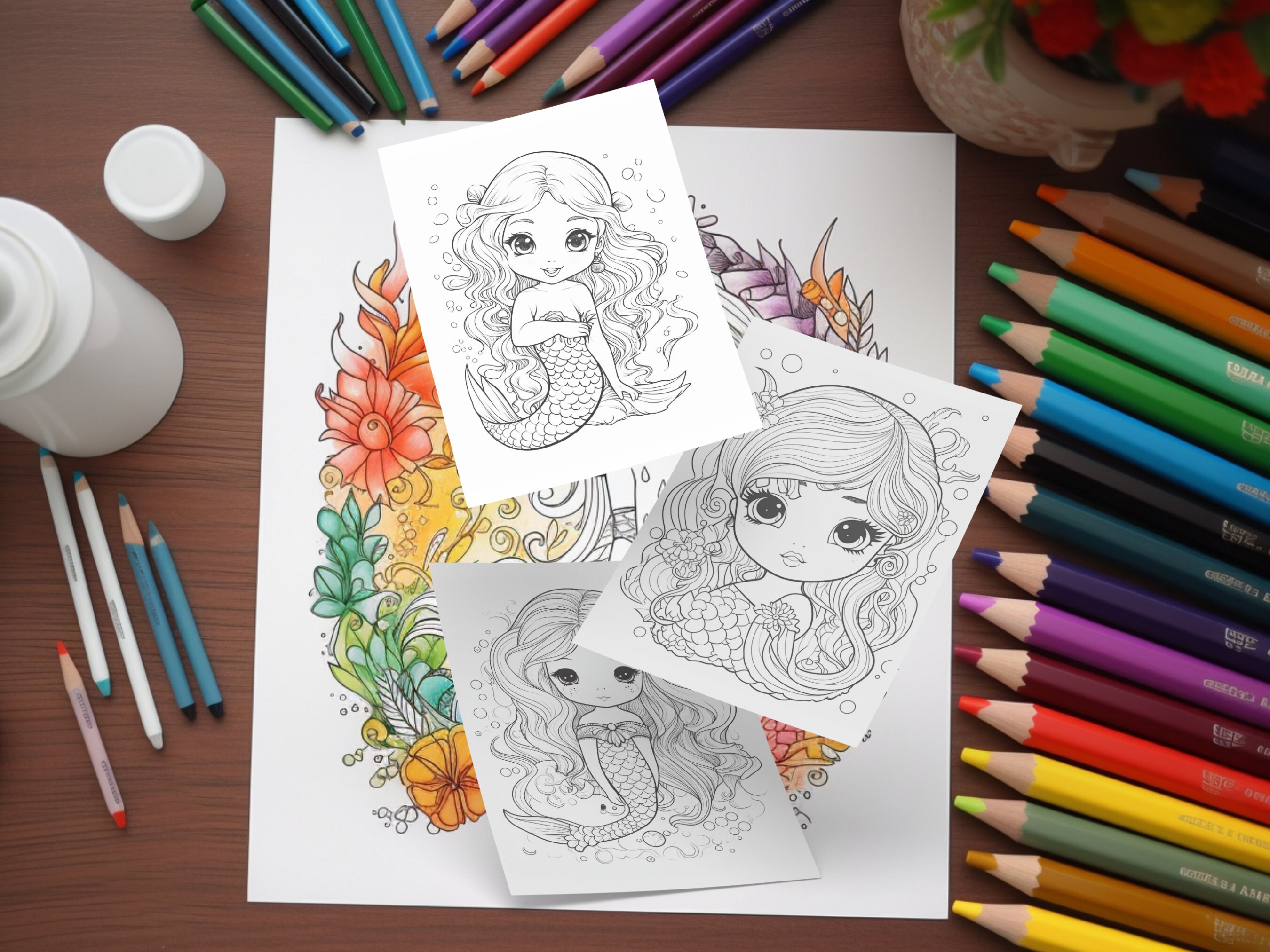 Kawaii Mermaid Coloring Printable Coloring Pages &amp; Outlines for Kids ...