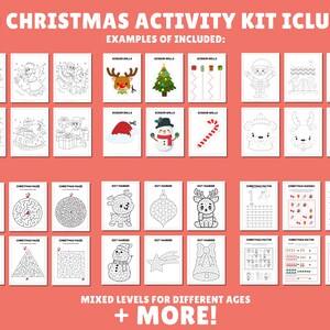 Peut inclure: Un ensemble de 100 feuilles d'activit&eacute;s de No&euml;l imprimables pour les enfants. Les feuilles comprennent des pages &agrave; colorier, des labyrinthes, des activit&eacute;s de points &agrave; relier et des probl&egrave;mes de math&eacute;matiques. Les feuilles sont con&ccedil;ues pour diff&eacute;rents &acirc;ges et niveaux de comp&eacute;tences. "100 CHRISTMAS ACTIVITY KIT ICLUDED" et "MIXED LEVELS FOR DIFFERENT AGES + MORE!" sont &eacute;crits sur la page.