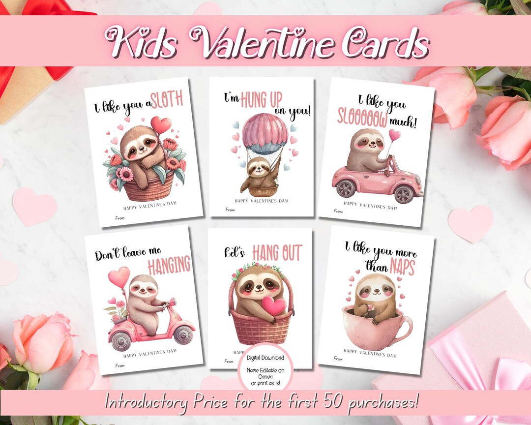 EDITABLE Printable Sloth Valentine Card, Classroom Valentines Day Cards ...