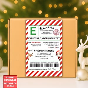Etiqueta de envío de Papá Noel editable, etiquetas de entrega al Polo Norte, correo de Papá Noel, etiqueta oficial de entrega de Papá Noel, calcomanía del Polo Norte, paquete de regalo de Papá Noel.