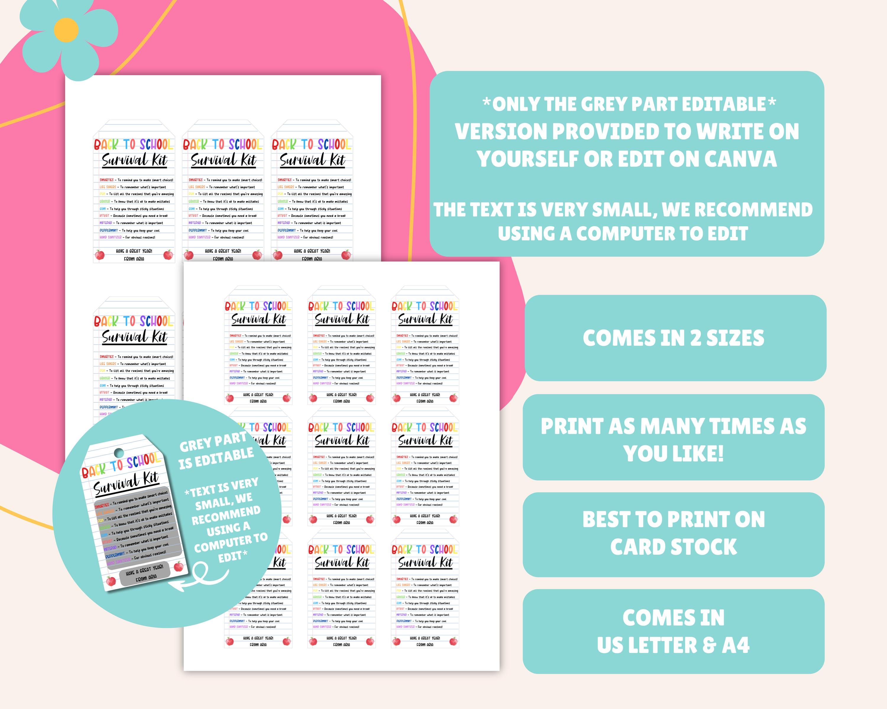 EDITABLE Back to School Survival Kit, First Day of School Gift Tag ...