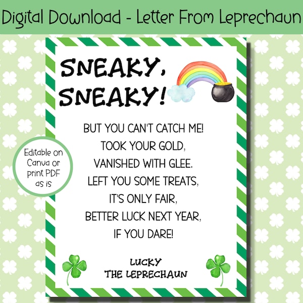 EDITABLE Leprechaun Letter, Leprechaun Trap Letter, Letter From Leprechaun, Leprechaun Note, Kids St Patrick's Day Printable, St Paddy's Day