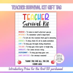 EDITABLE Teacher Survival Kit, First Day Of School Gift Tag, Back To School Gift Tag, Teacher Thank You Gift Tags, First Day Of School