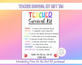 EDITABLE Teacher Survival Kit, First Day Of School Gift Tag, Back To School Gift Tag, Teacher Thank You Gift Tags, First Day Of School
