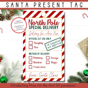 Etiqueta de regalo de Papá Noel editable, etiquetas de entrega al Polo Norte, regalo de Papá Noel en la mañana de Navidad, etiqueta de entrega oficial de Papá Noel