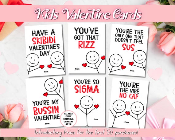EDITABLE Slang Kids Valentine's Day Cards, Funny Classroom Valentine, Tween School Valentines, Valentine cards for kids, Gen Z, Gen Alpha