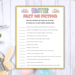 May include: A printable Easter-themed game sheet titled "Easter Fact or Fiction." The colorful design features pastel eggs and text in pink and green. The game includes statements about Easter for players to identify as fact or fiction.