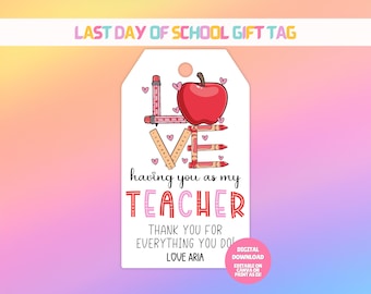 EDITABLE Teacher Gift Tag, Last Day Of School Gift Tag, Teacher Appreciation Thank You Tag, End of School Year Gift Tag, Printable Favor Tag