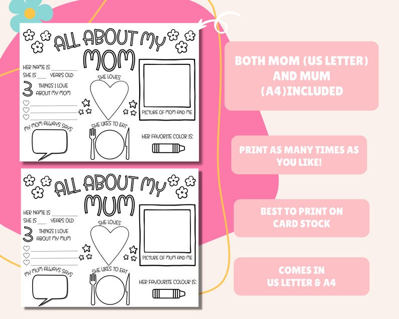 May include: Printable worksheet for kids to fill out about their mom. The worksheet has a picture frame for a photo, a heart for what their mom loves, and a space for what their mom likes to eat. The worksheet also has a space for the child to write their mom's name, age, and three things they love about their mom. The worksheet says "All About My Mom" at the top.