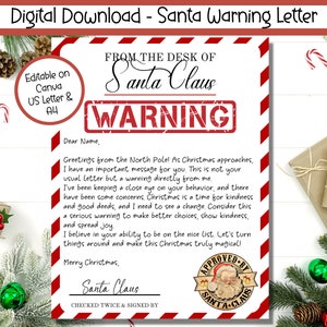 EDITABLE Santa Warning Letter, Letter From Santa, Naughty List Letter ...