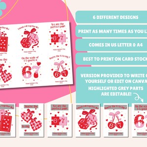 May include: Valentine's Day cards with six different designs. Each card features a unique graphic with phrases like "We stick together like" and "You're the 6 to my 7." The cards are in US Letter & A4 sizes and are best printed on card stock.