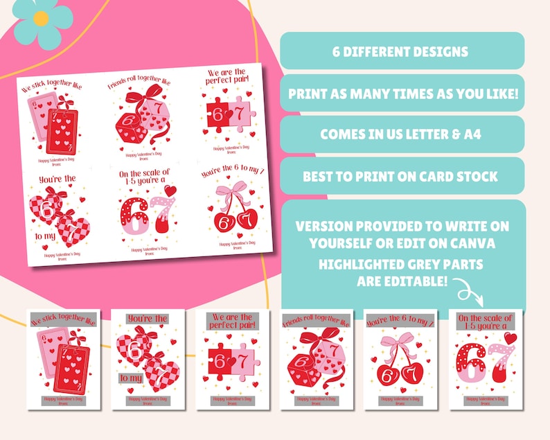 May include: Valentine's Day cards with six different designs. Each card features a unique graphic with phrases like "We stick together like" and "You're the 6 to my 7." The cards are in US Letter & A4 sizes and are best printed on card stock.