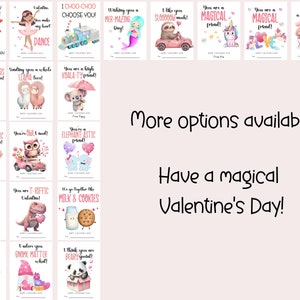 May include: A set of printable Valentine's Day cards featuring cute animal illustrations. The cards have different messages, such as "You are totally rawr-some!" and "I choo-choo choose you!"