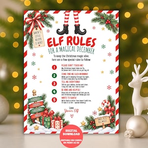 May include: A white rectangular sign titled Elf Rules for a Magical December with red and white striped borders. It features illustrations of elf legs, pine branches, holly, gifts, and a sign reading Santa's Little Helper Is Here. Text lists five rules.