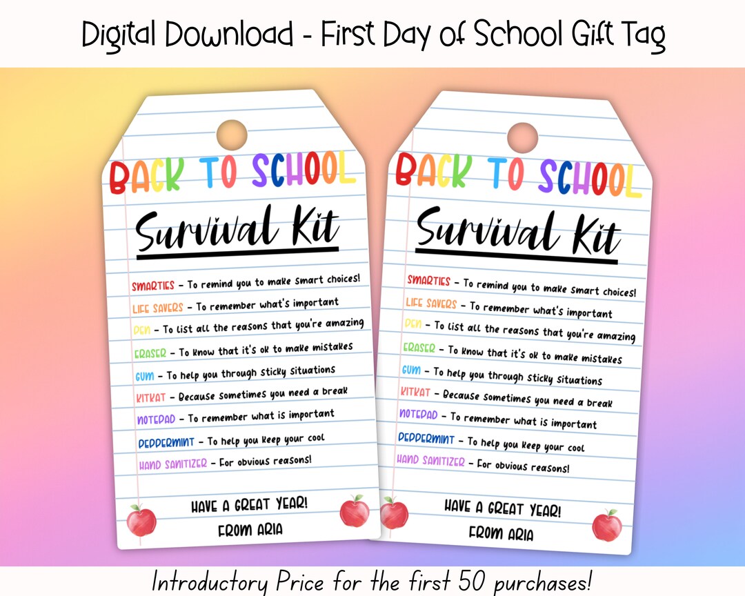 EDITABLE Back to School Survival Kit, First Day of School Gift Tag ...