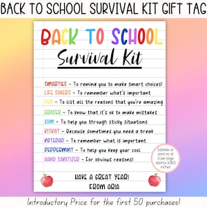 EDITABLE Back To School Survival Kit, First Day Of School Gift Tag, Back To School Gift Tag, Teacher Thank You Gift Tag, First Day Of School