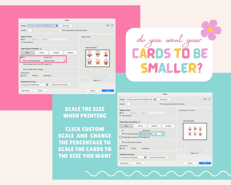 May include: A screenshot of a print dialog box with instructions on how to scale the size of cards when printing. The text reads "Scale the size when printing" and "Do you want your cards to be smaller?"