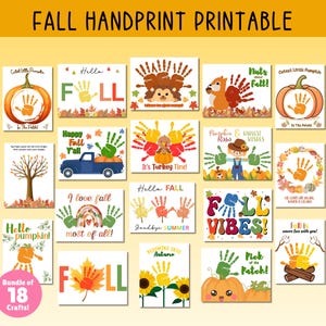 May include: A collection of 18 fall-themed handprint art printables. Each square features a handprint design with fall imagery like pumpkins, leaves, and squirrels. Text includes "Fall Handprint Printable", "Hello Fall", and "Fall Vibes!"