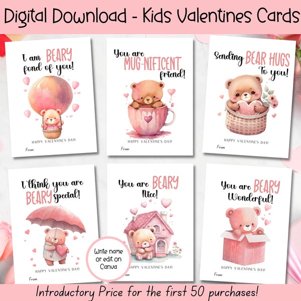 EDITABLE Classroom Valentines Day Cards, Printable Teddy Bear Valentine Cards, Kids Valentines, Instant Download Kids Valentines Day Cards