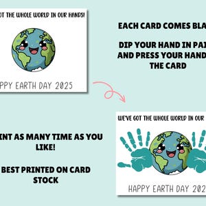 May include: Printable card with a cartoon Earth holding up two hands. The text reads "We've got the whole world in our hands!" and "Happy Earth Day 2025".
