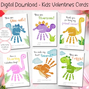 EDITABLE Printable Dinosaur Handprint Valentine Cards, Classroom Valentines Day Cards, Kids Valentines, Instant Download Valentines Day Card