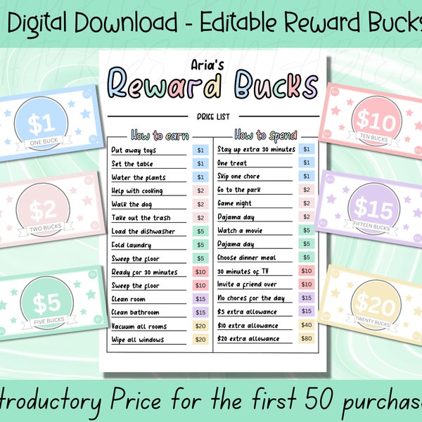 EDITABLE Reward Bucks, Play Money, Kids Chore Chart, Mom Bucks, Kids Reward System, Chore Bucks, Play Money, Reward Money, Good Behavior