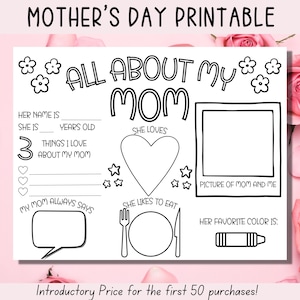 Mother's Day Printable, All About My Mom, Mothers Day Gift, Card for Mom, Activity Page, Mothers Day Coloring In Page, Mothers Day Activity