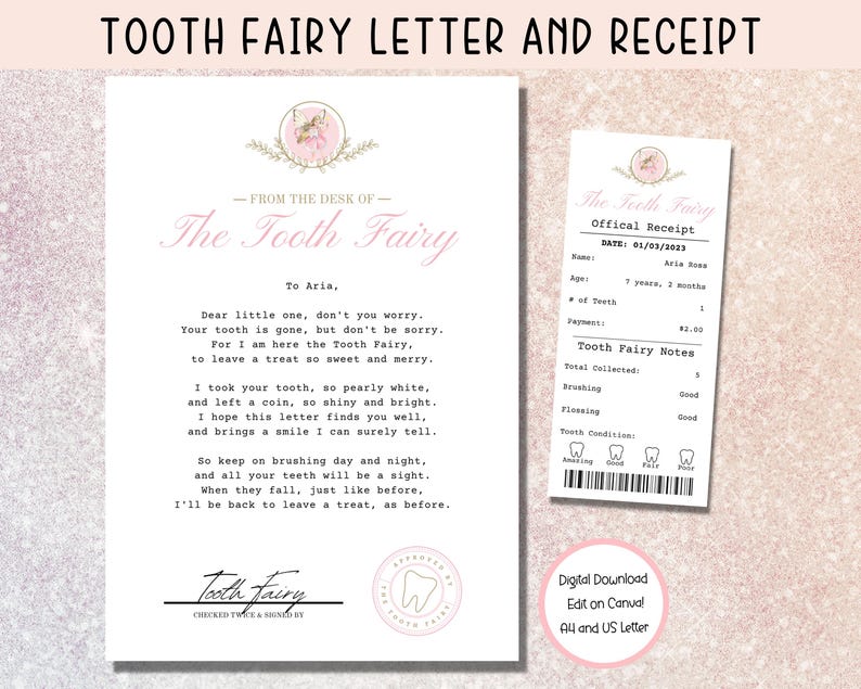 May include: A printable tooth fairy letter and receipt template with a pink and white design. The letter is addressed to "Aria" and includes a message from the tooth fairy. The receipt includes a date, name, age, number of teeth, payment amount, and tooth fairy notes. The text on the receipt reads "The Tooth Fairy Official Receipt Date: 01/03/2023 Name: Aria Rose Age: 7 years, 2 months # of Teeth: 1 Payment: $2.00 Tooth Fairy Notes Total Collected: $ Total Collected: $ Brushing: Good Flossing: Good Tooth Condition:  Good Fair Poor Very Poor"