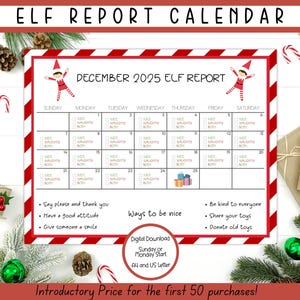 Calendario degli elfi MODIFICABILE 2025, Calendario degli elfi, Rapporto giornaliero degli elfi, Calendario di Natale, Tabella dei comportamenti buoni o cattivi, Attività degli elfi