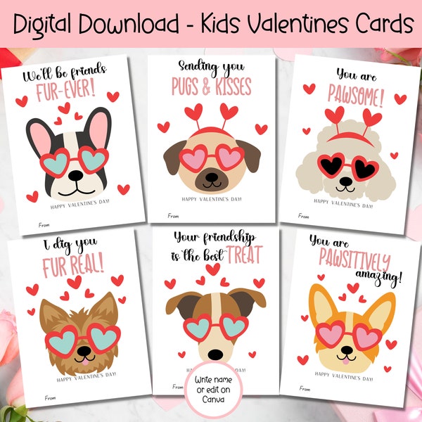 EDITABLE Printable Dog Valentine Cards, Classroom Valentines Day Cards, Kids Valentines, Girls Valentine, Valentine cards for kids classroom