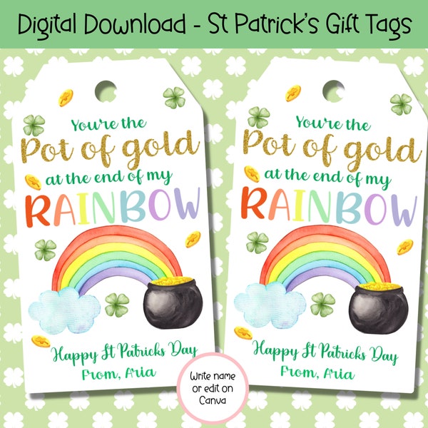 EDITABLE St Patrick's Gift Tag, St Patricks Day Gift, Rainbow St Patricks Day Tag, Pot Of Gold St Paddys, St Patricks Day Game Gift Tag