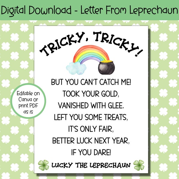 Carta de duende EDITABLE, Carta de trampa de duende, Carta de duende, Nota de duende, Día de San Patricio para niños imprimible, Día de San Paddy