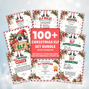 May include: A digital download bundle featuring over 100 Christmas elf-themed printable cards, letters, and certificates. The designs include red and green borders, pine branches, bows, and text such as Elf Rules, Elf Recovery Notice, and Elf Adoption Certificate.