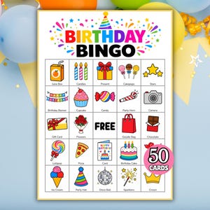 May include: A birthday bingo game card featuring the text BIRTHDAY BINGO at the top with colorful confetti. The grid contains twenty-five squares with illustrations of party items like a juice box, candles, present, cupcake, and a disco ball.