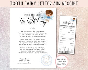 EDITABLE Tooth Fairy Letter, Tooth Fairy Receipt, Tooth Fairy Note, First Tooth Certificate, Letter from Tooth Fairy, Fairy Certificate