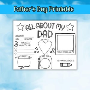 Father's Day Printable, All About My Dad, Fathers Day Gift, Card for Dad, Activity Page, Fathers Day Coloring In Page, Fathers Day Activity
