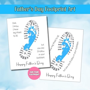 Puede incluir: Dos tarjetas blancas con un diseño de huella azul y gris para el Día del Padre. Las tarjetas tienen el texto "Papá, sé que tengo grandes zapatos que llenar, pero un día seguiré tus pasos. Feliz Día del Padre."