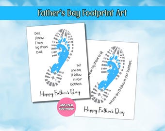 May include: Two white cards with a blue and gray footprint design for Father's Day. The cards have text that reads "Dad, I know I have big shoes to fill, but one day I'll follow in your footsteps. Happy Father's Day."