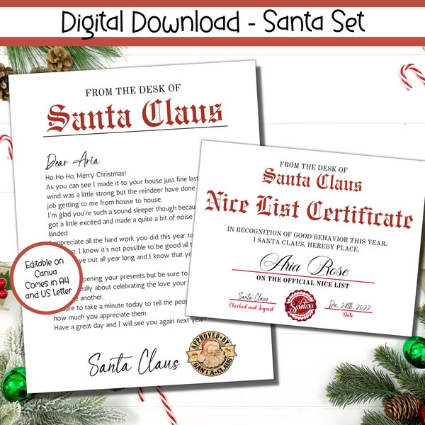 EDITABLE Letter from Santa, Printable Santa Stationary, Official Santa Letterhead Stationary, North Pole Mail, Nice List Certificate