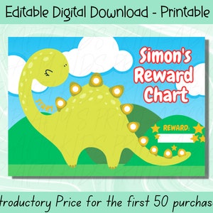 May include: A printable reward chart featuring a green dinosaur with a blue sky and white clouds in the background. The chart is titled "Simon's Reward Chart" and has a space for a reward.