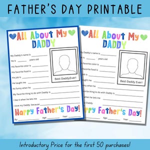 Father&#39;s Day Printable, All About My Daddy, Fathers Day Gift, Card for Dad, Activity Page, Fathers Questionnaire, Fathers Day Activity