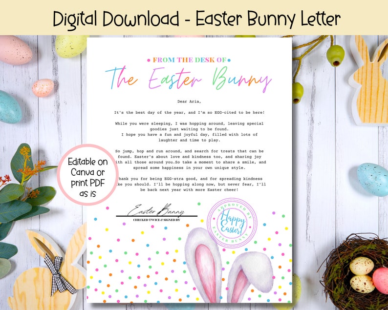 EDITABLE Letter From Easter Bunny, Colorful Printable Easter Letter, Easter Printable, Official Letter from The Desk of the Easter Bunny zdjęcie 1
