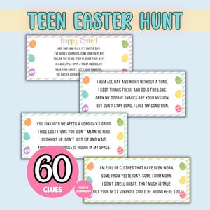 Puede incluir: Una descarga digital de Teen Easter Hunt con 60 pistas. La imagen presenta cuatro tarjetas de pistas con huevos de Pascua y diseños de bordes pastel. La parte superior de la imagen dice "Teen Easter Hunt".