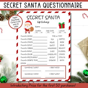 Cuestionario de amigo secreto, intercambio de regalos de amigo secreto para compañeros de trabajo, formulario imprimible de amigo secreto, lista de deseos de amigo secreto